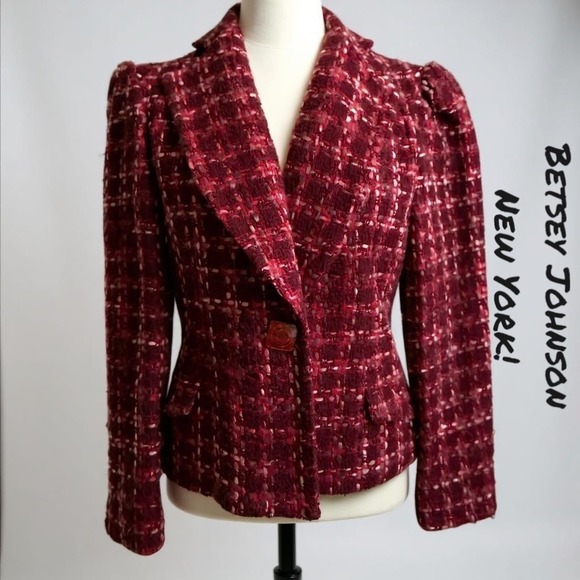 Betsey‎ Jonson NY Sz Small Vintage Pink Tweed Wool Notched Collar Fitted Blazer - Picture 1 of 9